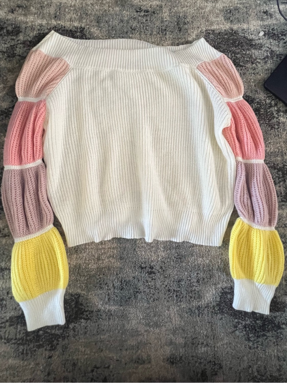 SHEIN Cream Off-Shoulder Sweater with Pink, Purple & Yellow Bubble Sleeves